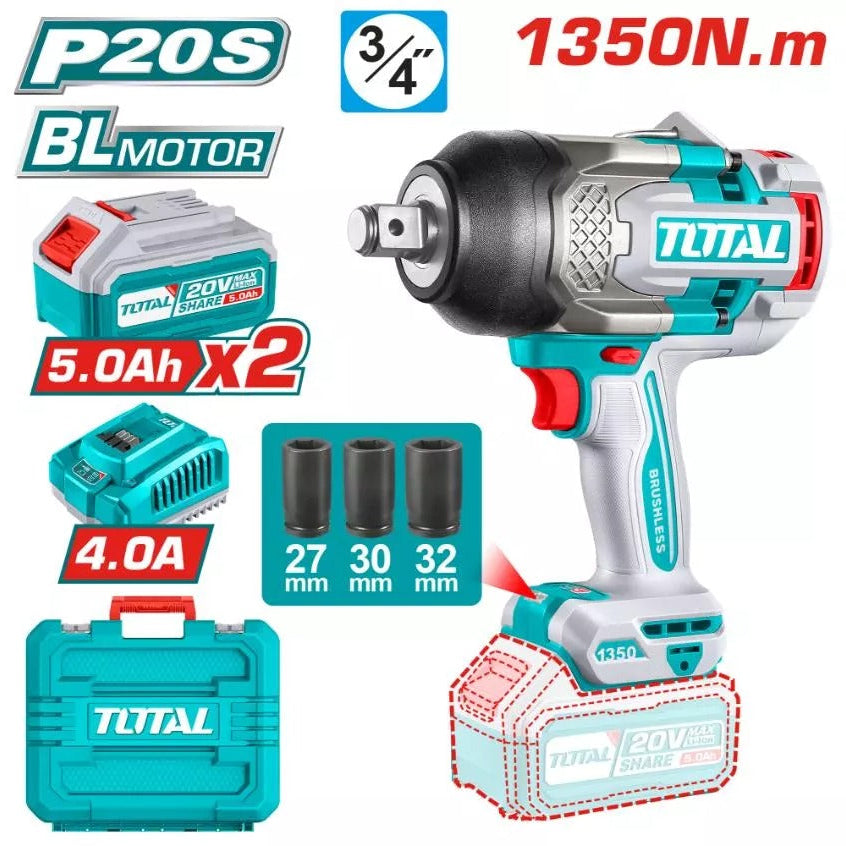 Total Tools-Impact Wrench-1350nm-cordless-20v- with accessories