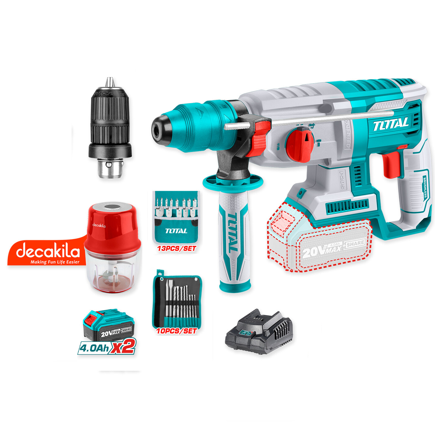 Total tools-Rotary Hammer Drill-2x battery-drill bits-charger and SDS