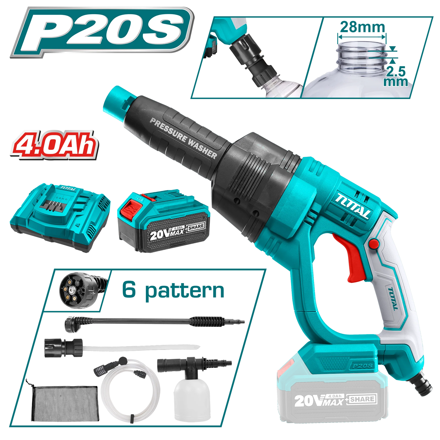 Total Tools-cordless-pressure washer-4ah Battery-charger-20v-front-accesories