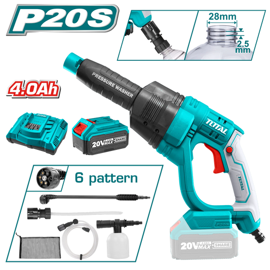 Total Tools-cordless-pressure washer-4ah Battery-charger-20v-front-accesories