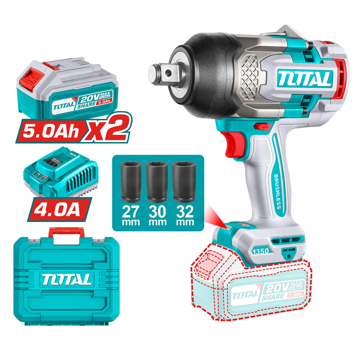 Total-1350NM-impact_wrench-2x 5ah battery-3x Impact Socket-1x 4ah Charger-carry case