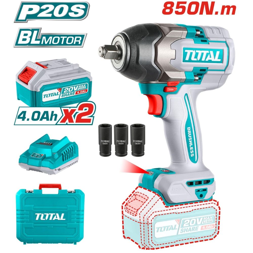Total Tools-Impact Wrench-1350nm-cordless-20v- Carry Case-3x sockets-2x 4ah battery-charger and Specs