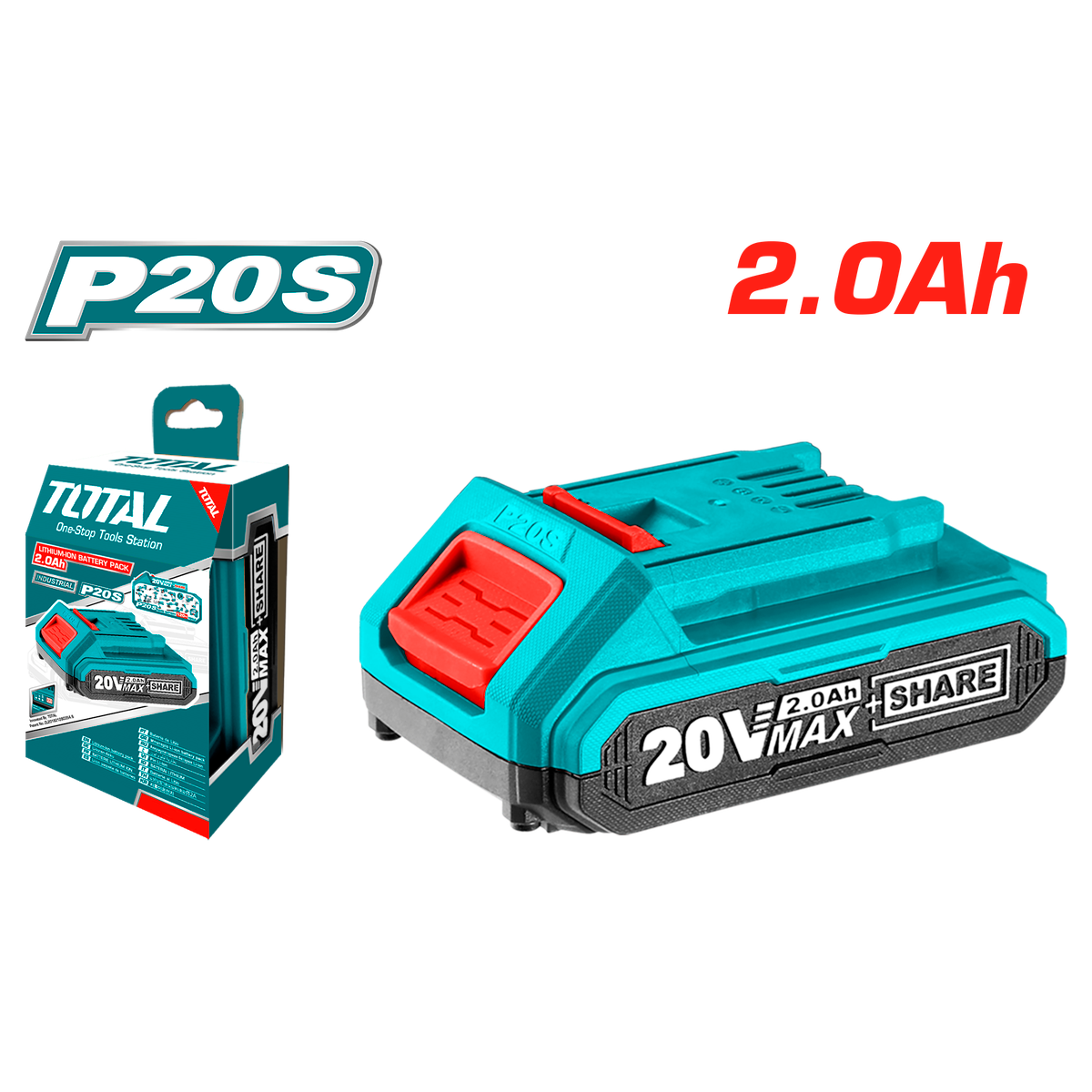 Total Tools-Lithium ion-20v-2ah-battery pack-Front-next to box