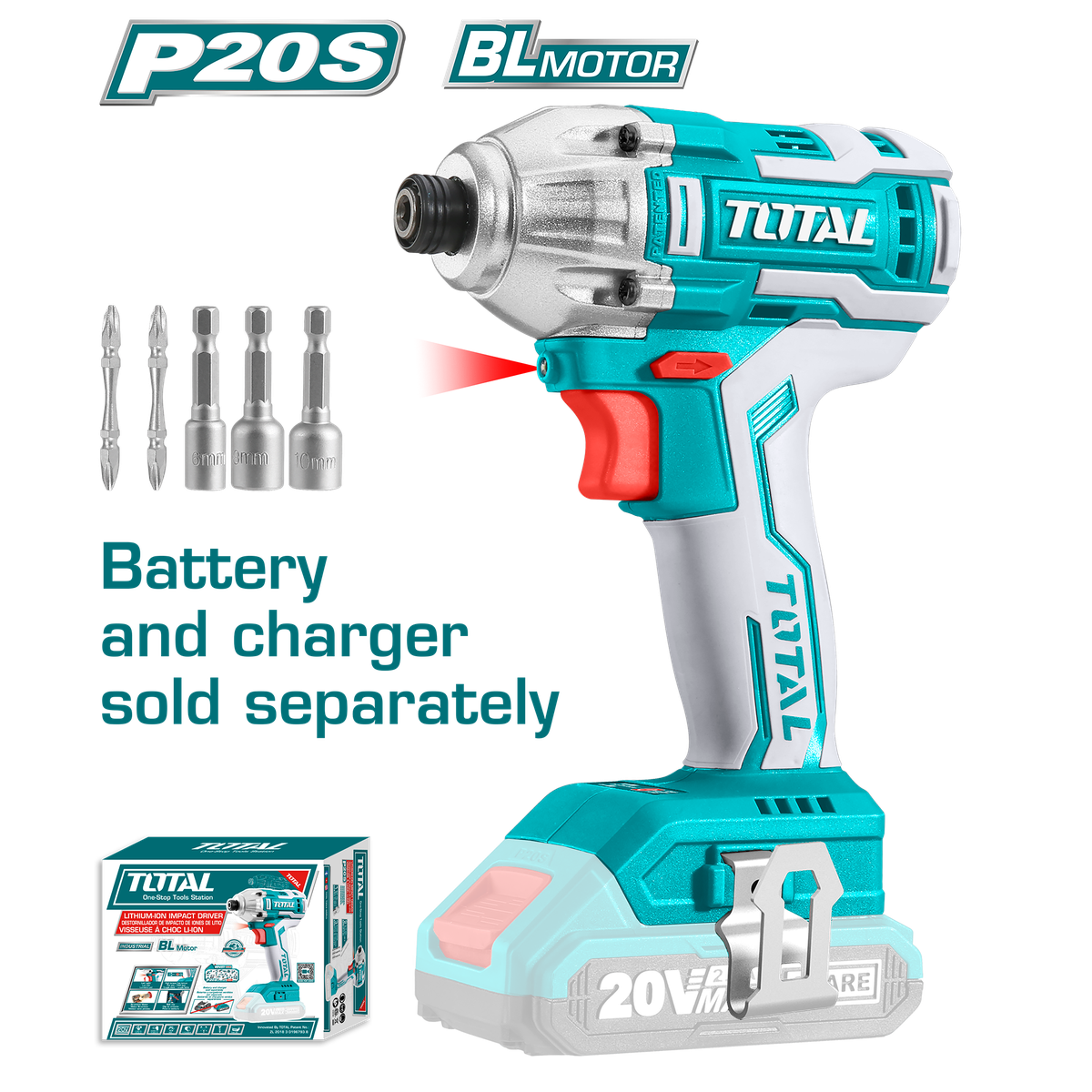Total cordless Impact Driver (170nm, 20v)-Side-with bts